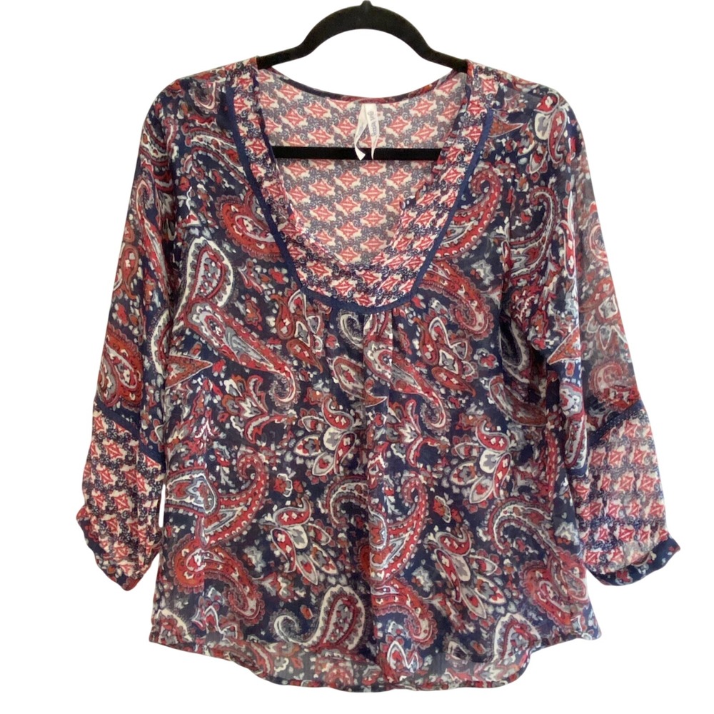 Women's Girl Krazy Multi Paisley‎ Sheer Boho Shirt Sz M Red, White and Blue